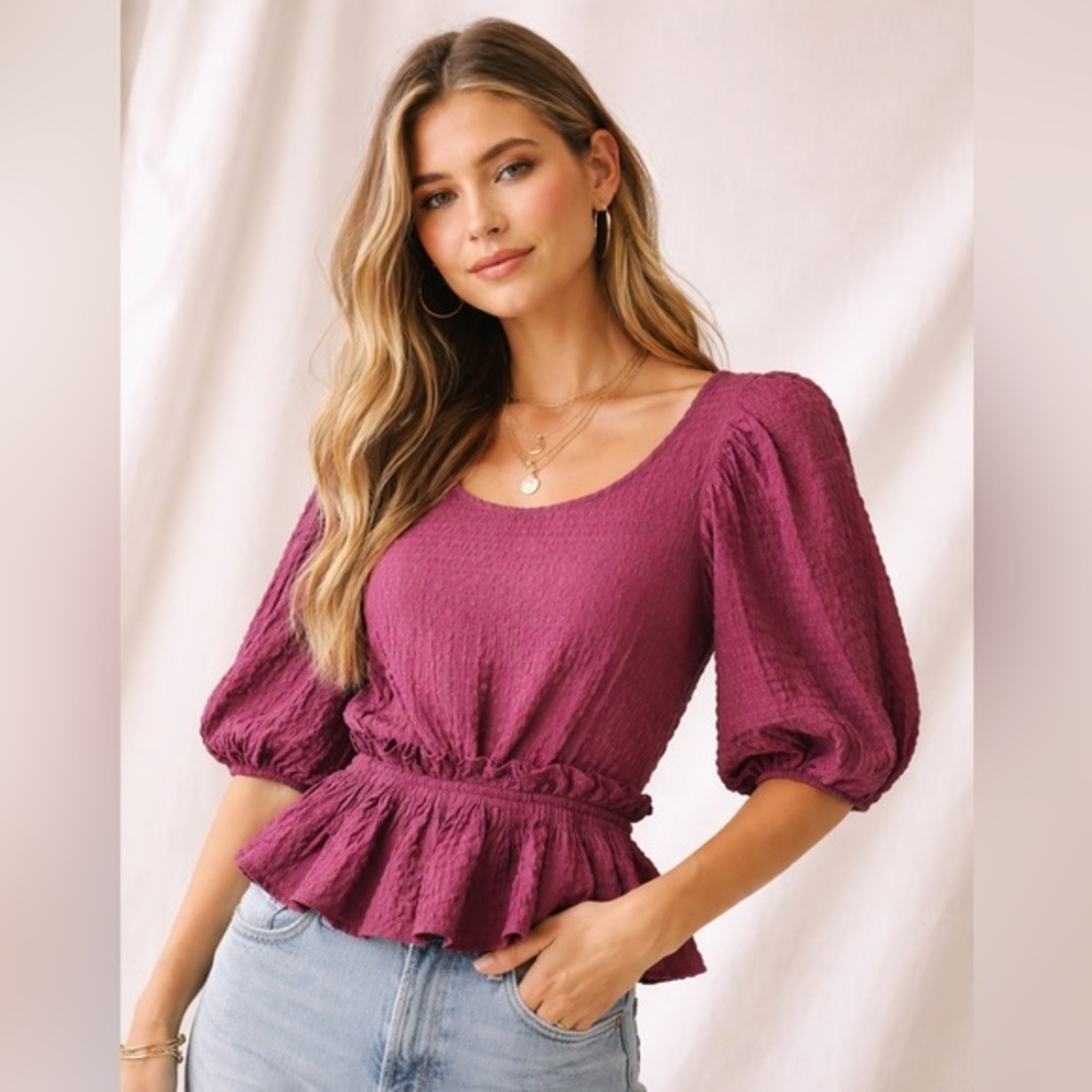 Free People Plum Textured Puff Sleeve‎ Tie Back Peplum Top Size M